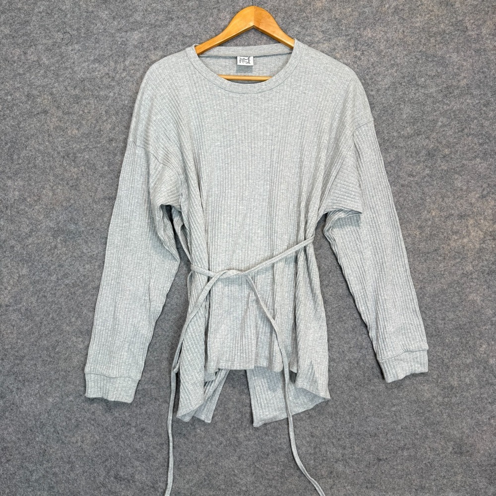 Baserange Long Sleeve Shirt Womens Small Tie Waist Organic Cotton Ribbed Gray